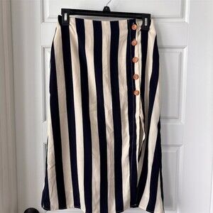OVIANCA Skirt Womens Size S Navy & Cream Stripe Midi High Waist Side Slit